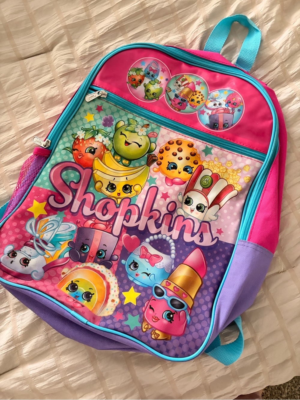 Shopkins Bright Pink Teal Purple Kids Backpack with Character Art